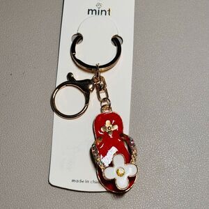 BAG CHARM MINT Red Flip Flop Keychain with Gold and Crystal Accents